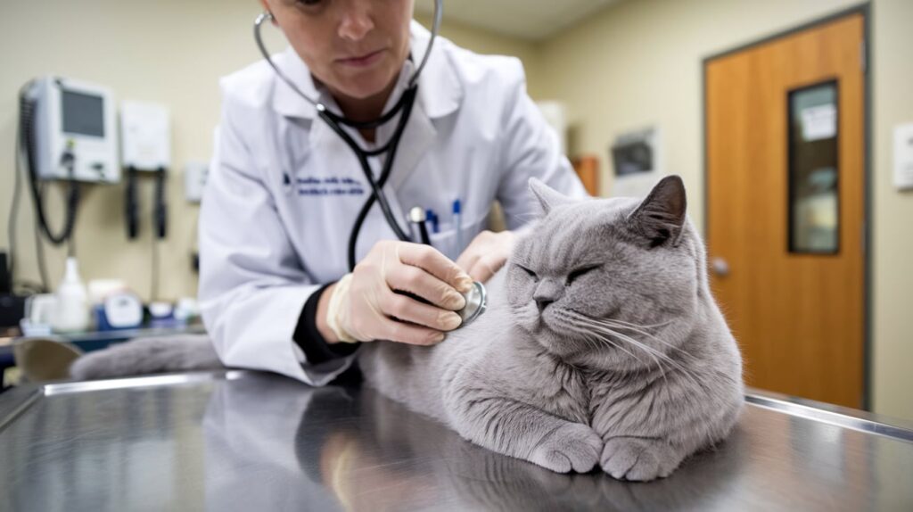 Do British Shorthairs Have Health Issues? A Complete Guide 2 A British Shorthair cat being examined by a vet, focusing on heart health and screenings for hypertrophic cardiomyopathy.