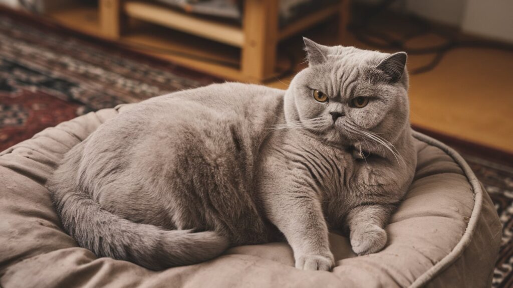 Do British Shorthairs Have Health Issues? A Complete Guide 4 A British Shorthair cat resting on a bed, showing signs of being overweight