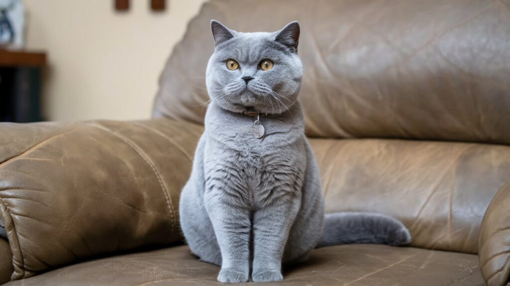 Do British Shorthairs Have Health Issues? A Complete Guide 1 A British Shorthair cat resting on a couch, displaying a shiny coat and healthy appearance