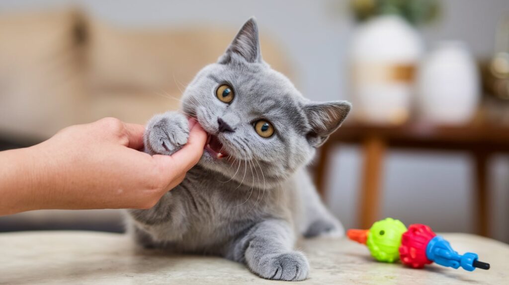 Are British Shorthair Cats Aggressive or Destructive? Setting The Record Straight 2 A British Shorthair kitten playfully nibbling on a person's hand