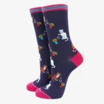 Navy blue socks with cartoon cats and flower pots