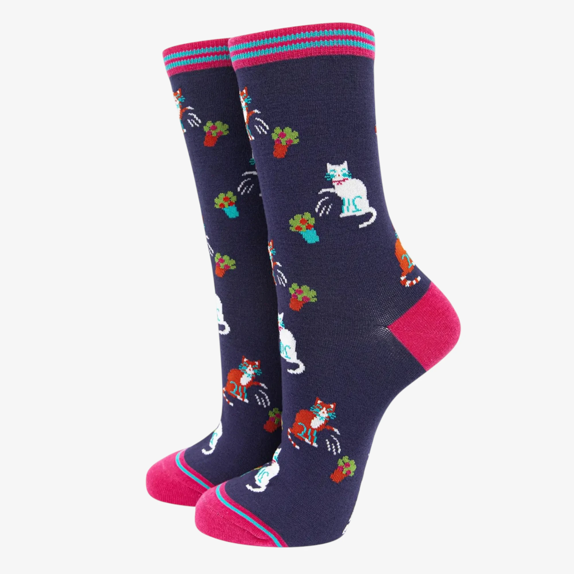 Navy blue socks with cartoon cats and flower pots