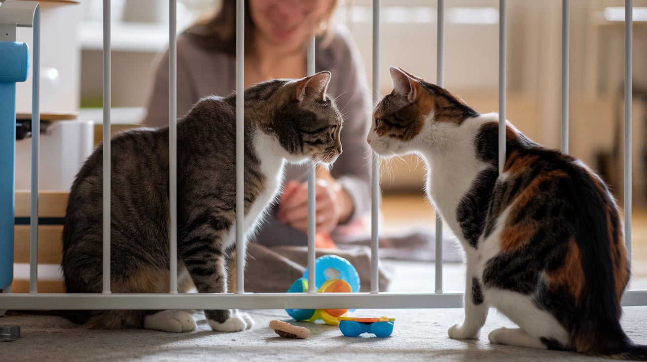 How To Integrate A New Cat 1 cats being introduced between a baby gate