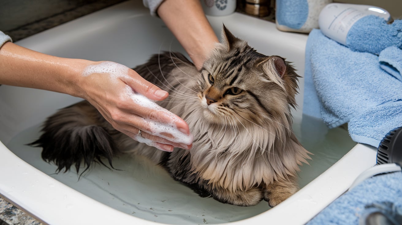 maine coon having a bath
