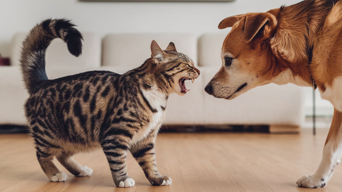 cat growling at a dog