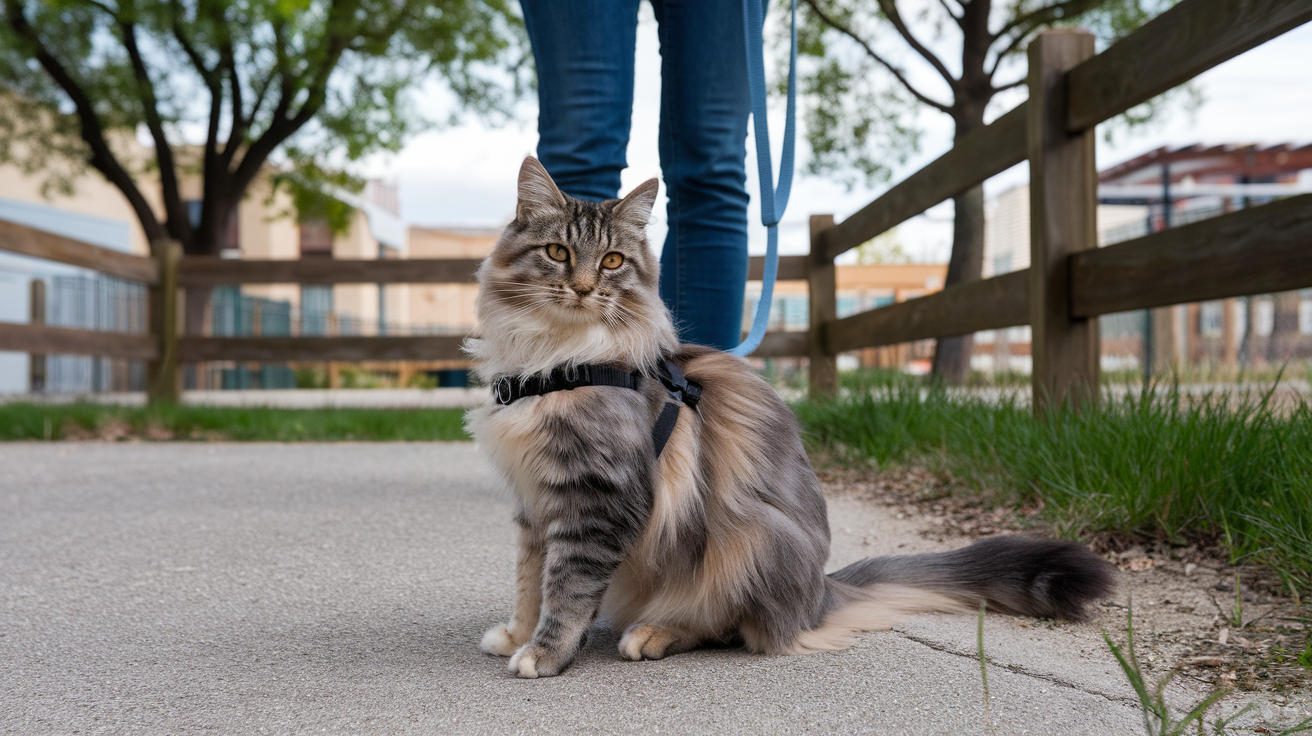 maine coon cat on a leash