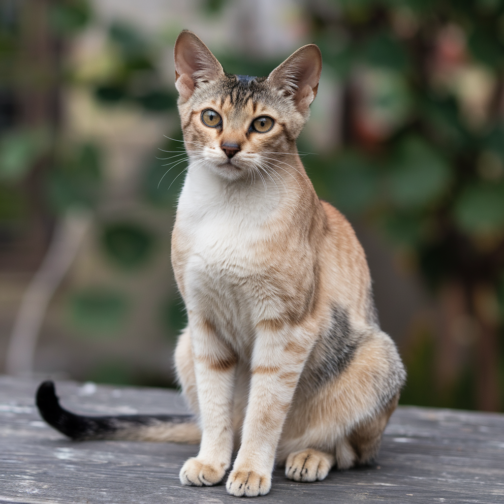 A photo of an Abyssinian cat sitting on a wooden surface