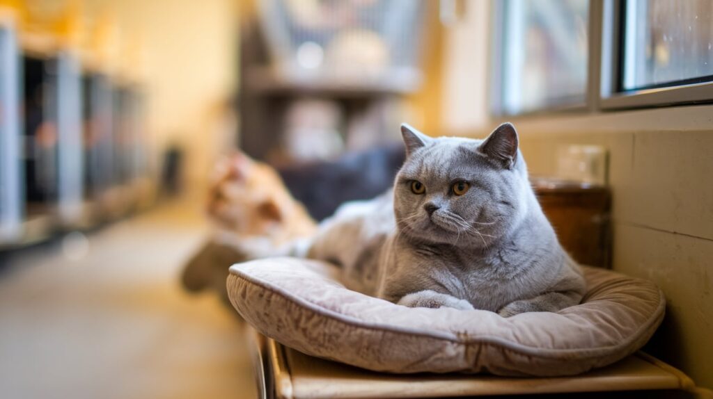 Where to Buy a British Shorthair Cat in the UK: Breeders, Rescues, and Tips 2 Adult British Shorthair cat in a shelter, highlighting adoption opportunities from UK rescues.