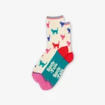 Angled view cat pattern socks with bamboo and glitter, showing teal and pink heel and toe