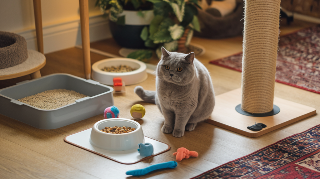 Where to Buy a British Shorthair Cat in the UK: Breeders, Rescues, and Tips 4 Home setup with essentials for British Shorthair cat, showcasing preparation for a new feline friend.