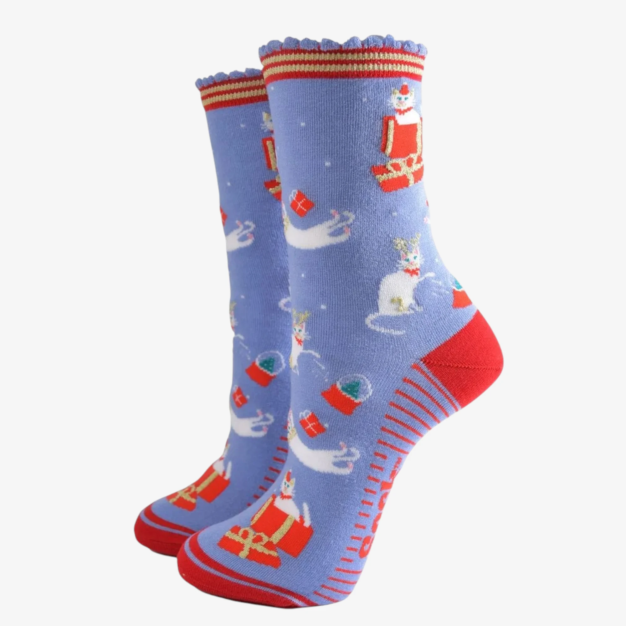 Playful Festive Socks Featuring Cats, Gifts & Snow Globes