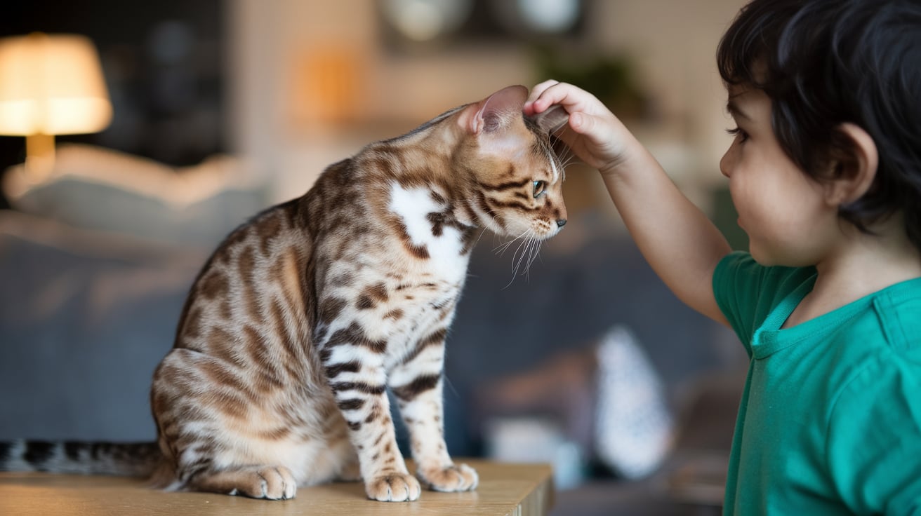 bengal cat being petted by a child