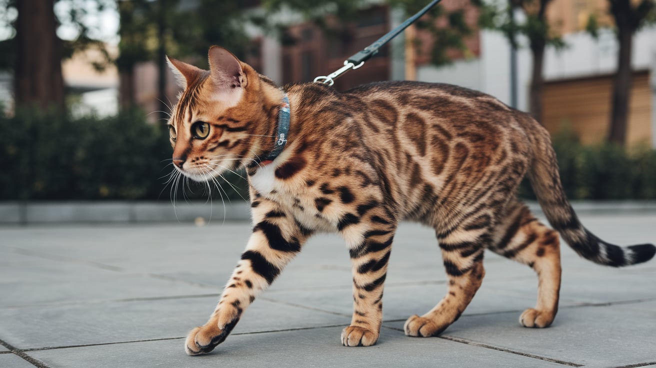 bengal cat on a leash outside walking