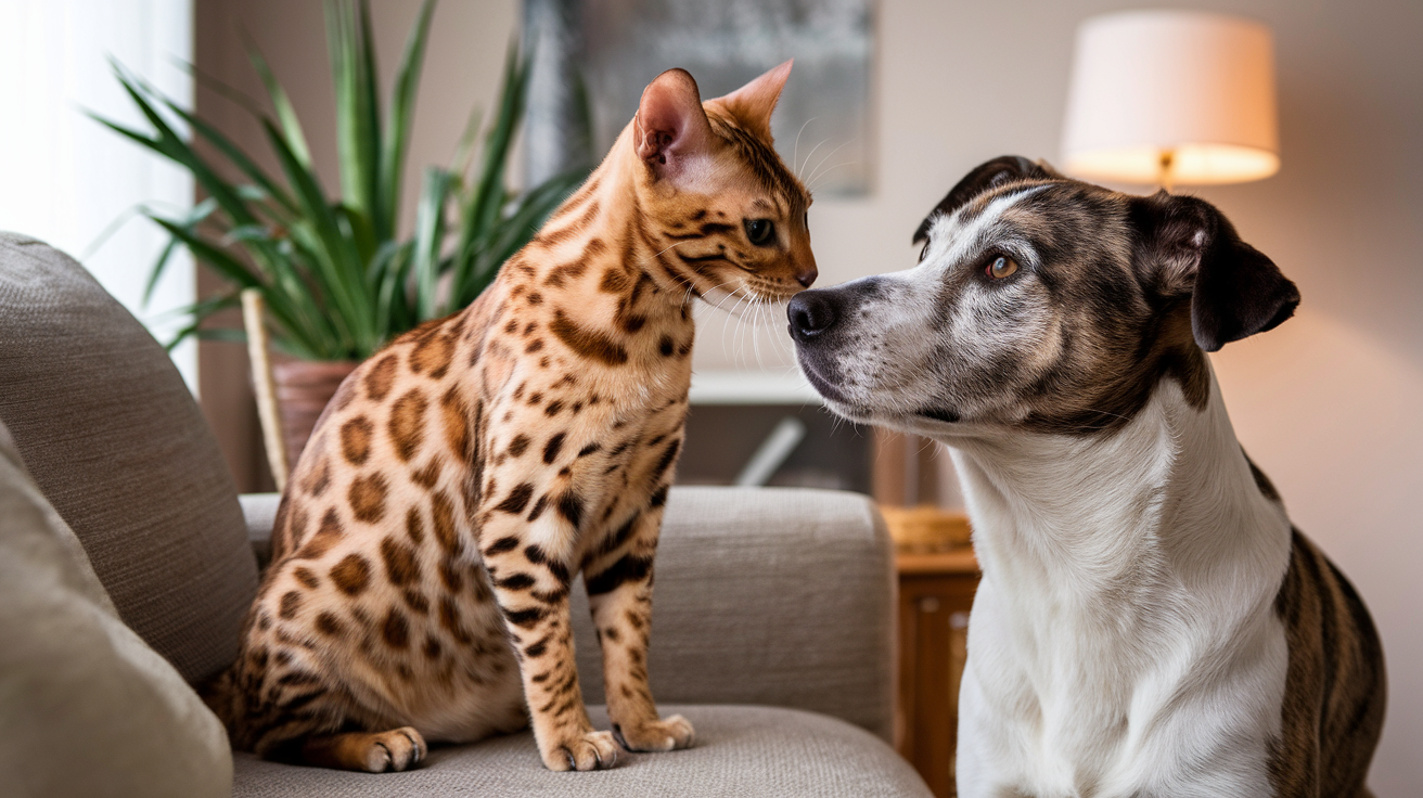 bengal cat sniffing a dog getting along