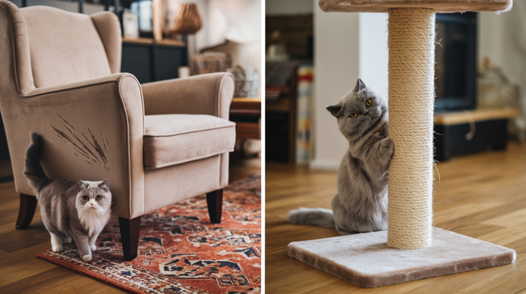 Are British Shorthair Cats Aggressive or Destructive? Setting The Record Straight 3 A well-loved armchair with visible scratch marks on the side, and a British Shorthair cat standing nearby with its paws resting on it. In contrast, another image of a sturdy scratching post shows a British Shorthair happily using it instead