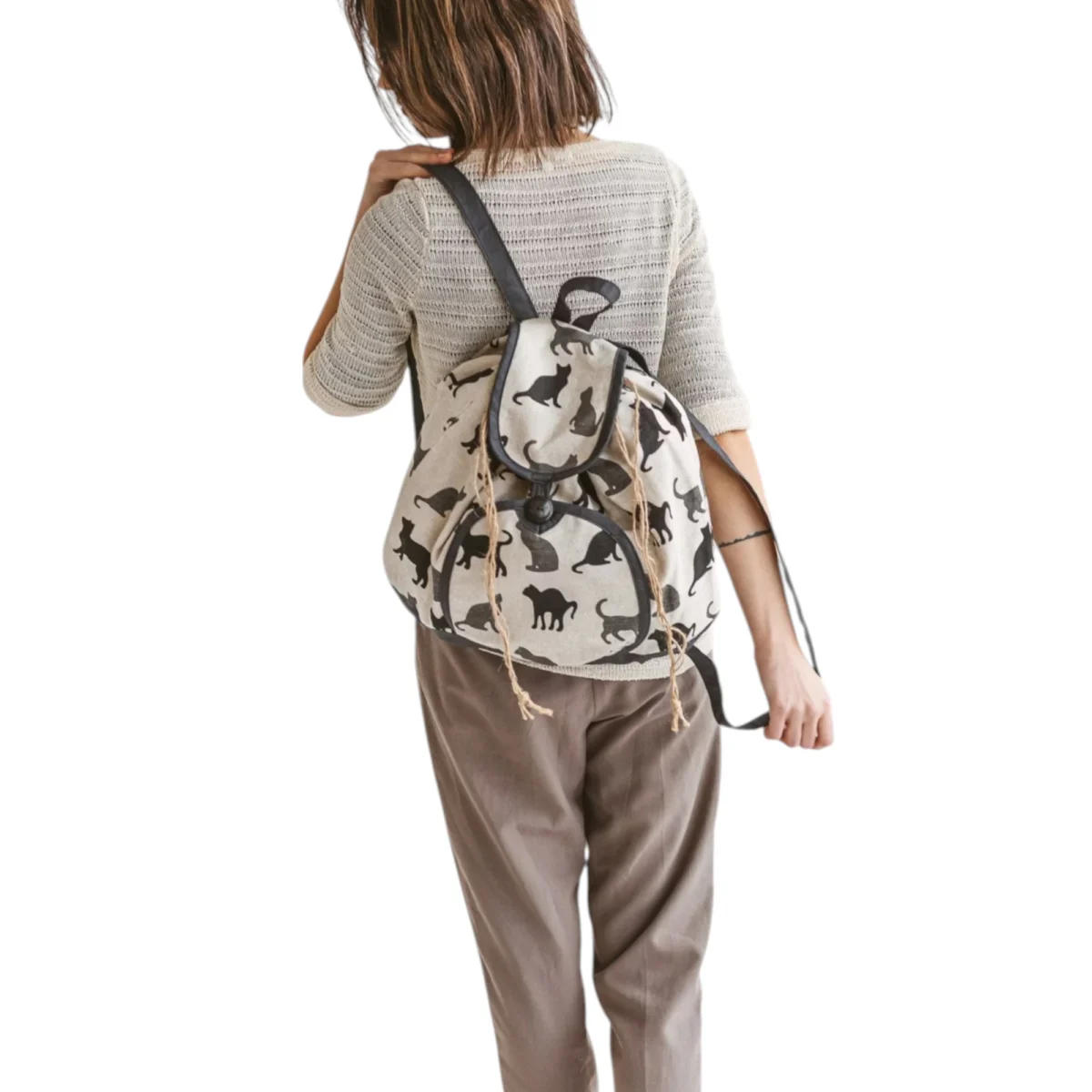 Woman Wearing Cat Print Linen Backpack Photoroom