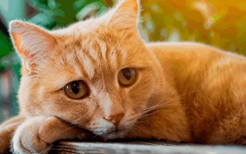 a sad looking cat with watery eyes